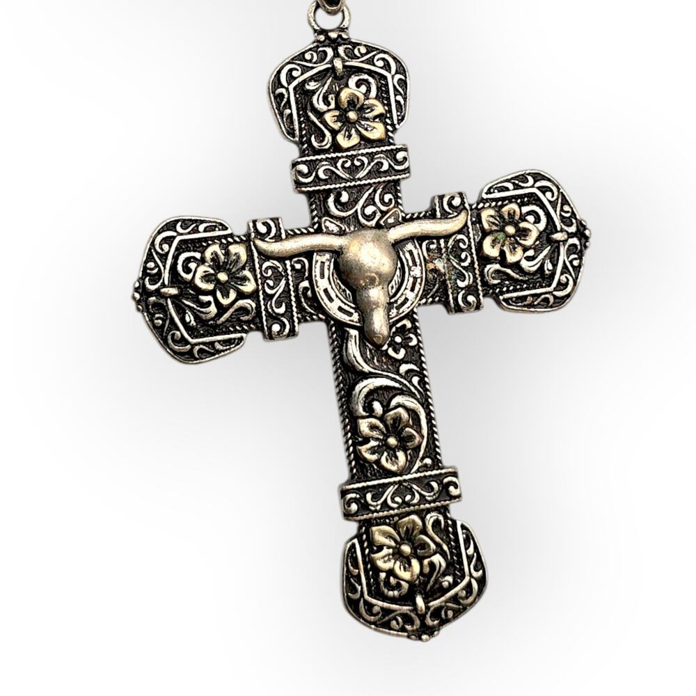 Ornate Longhorn Floral Cross Statement Necklace Silver Western Gothic Baroque